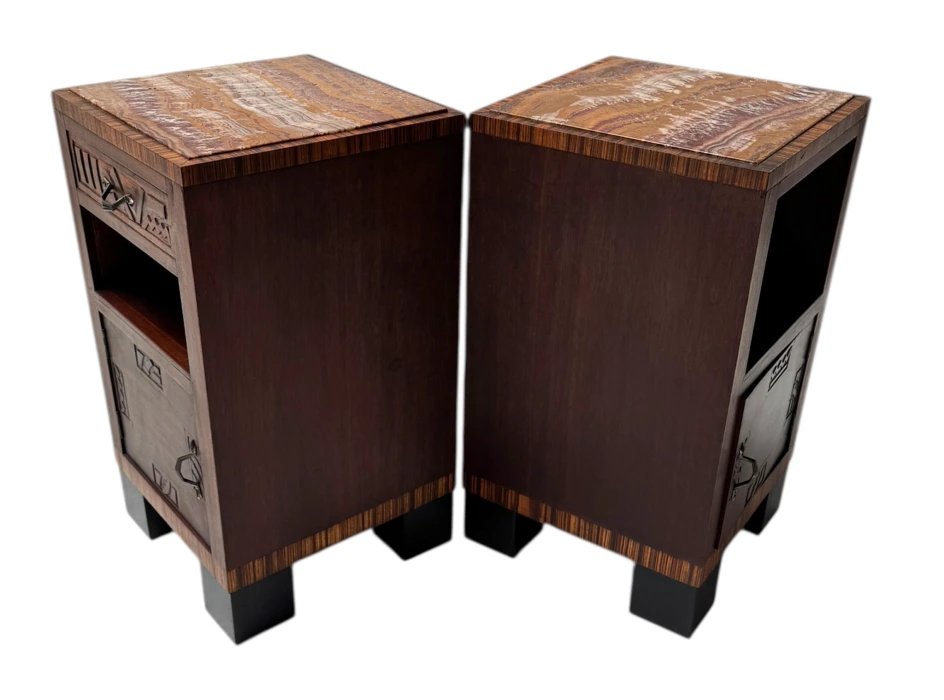 Two Art Deco Nightstands or Bedside Tables with Multi-Colored Marble Tops, 1930s